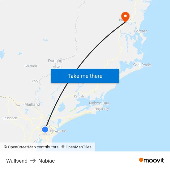Wallsend to Nabiac map
