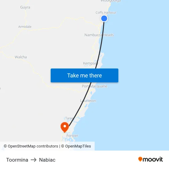 Toormina to Nabiac map