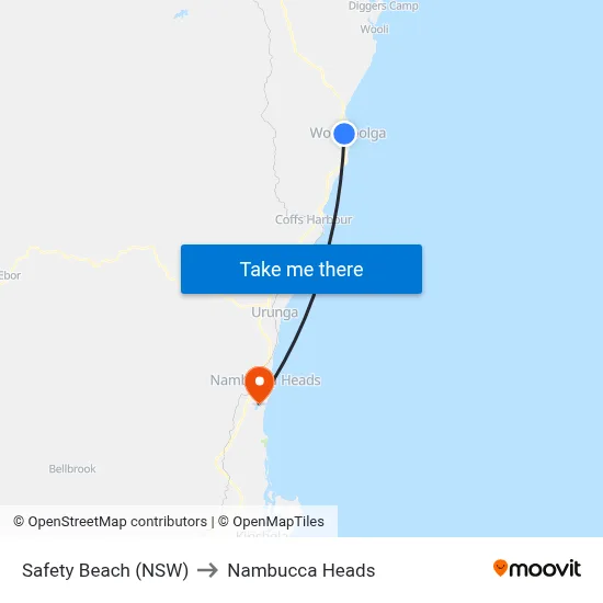 Safety Beach (NSW) to Nambucca Heads map