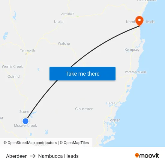 Aberdeen to Nambucca Heads map