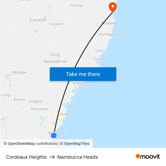 Cordeaux Heights to Nambucca Heads map