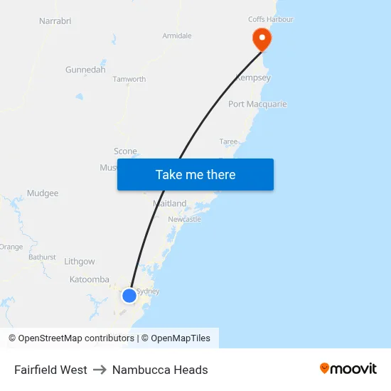 Fairfield West to Nambucca Heads map