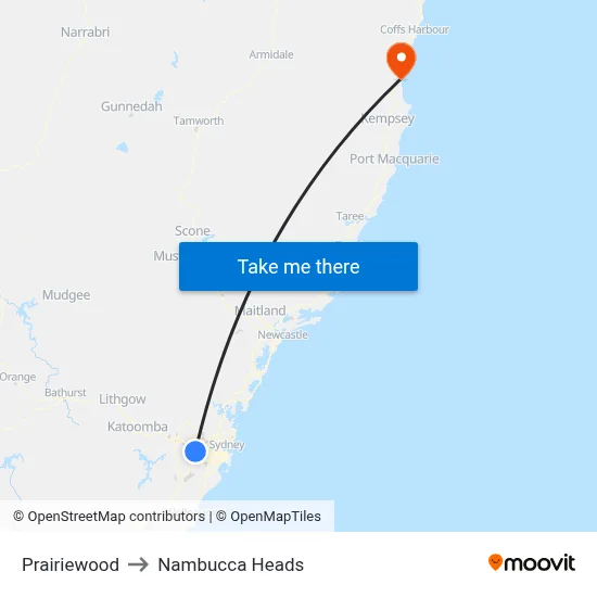 Prairiewood to Nambucca Heads map