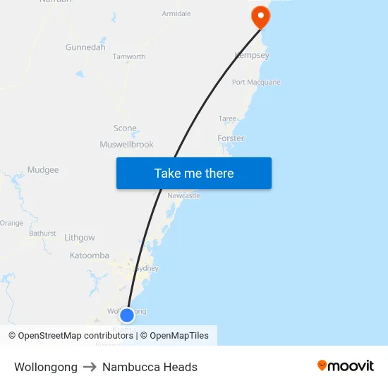 Wollongong to Nambucca Heads map