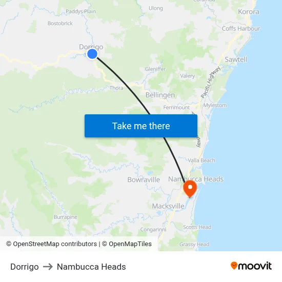 Dorrigo to Nambucca Heads map