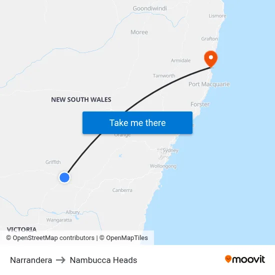 Narrandera to Nambucca Heads map