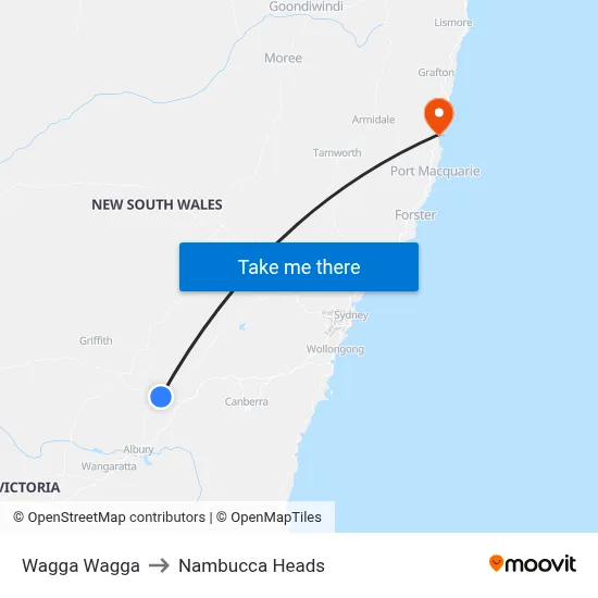 Wagga Wagga to Nambucca Heads map