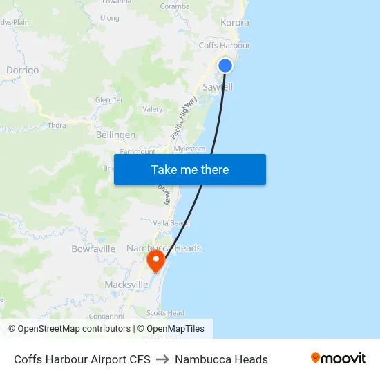 Coffs Harbour Airport CFS to Nambucca Heads map