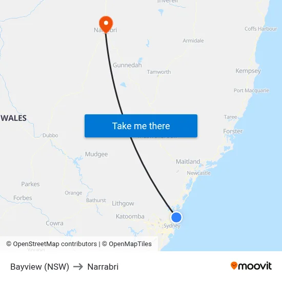 Bayview (NSW) to Narrabri map