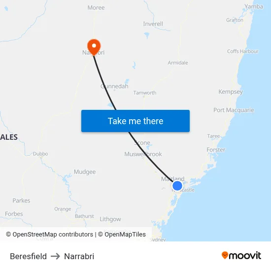Beresfield to Narrabri map