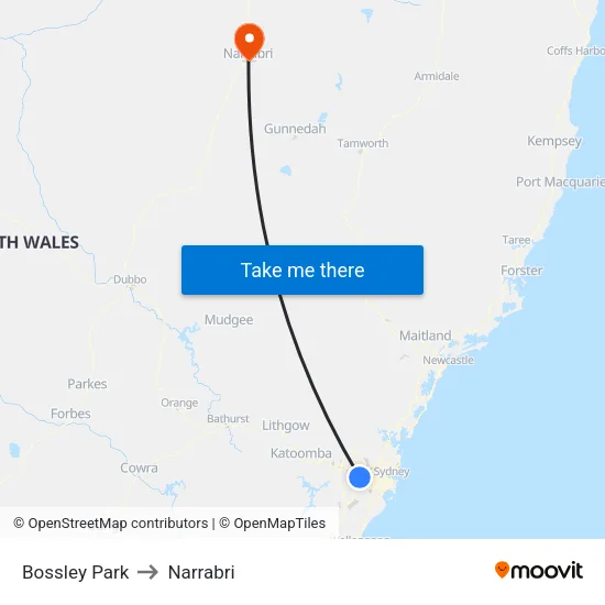 Bossley Park to Narrabri map