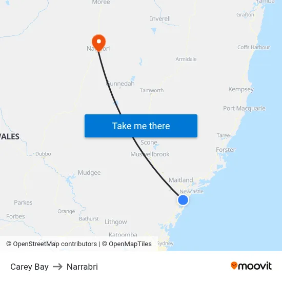 Carey Bay to Narrabri map