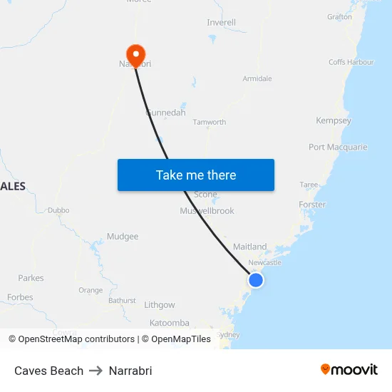 Caves Beach to Narrabri map