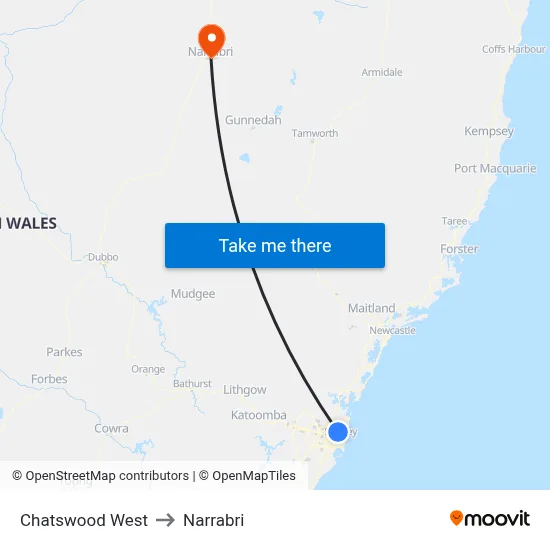 Chatswood West to Narrabri map
