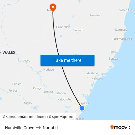 Hurstville Grove to Narrabri map