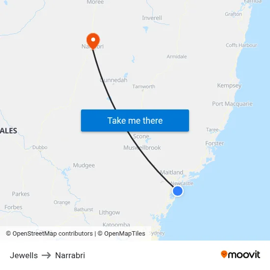 Jewells to Narrabri map