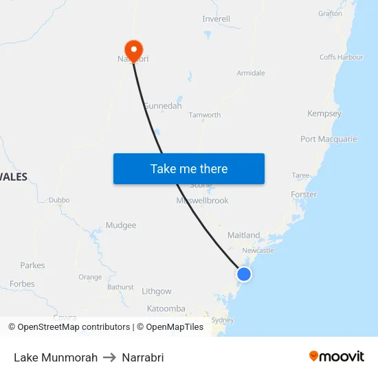 Lake Munmorah to Narrabri map