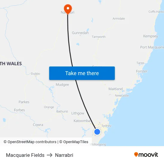 Macquarie Fields to Narrabri map