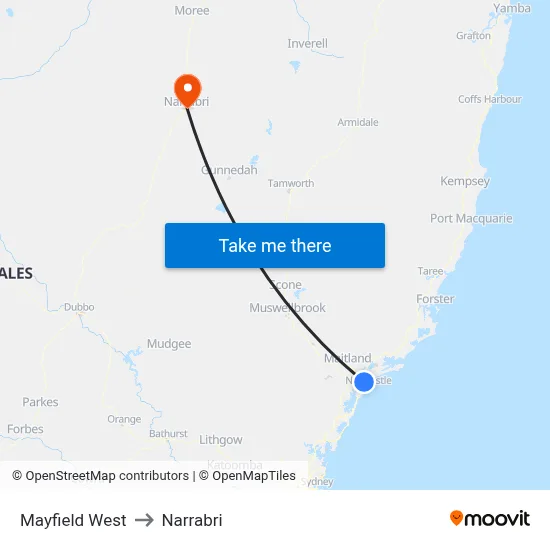 Mayfield West to Narrabri map