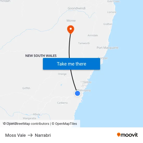 Moss Vale to Narrabri map