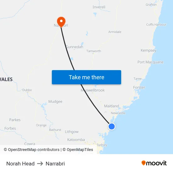 Norah Head to Narrabri map
