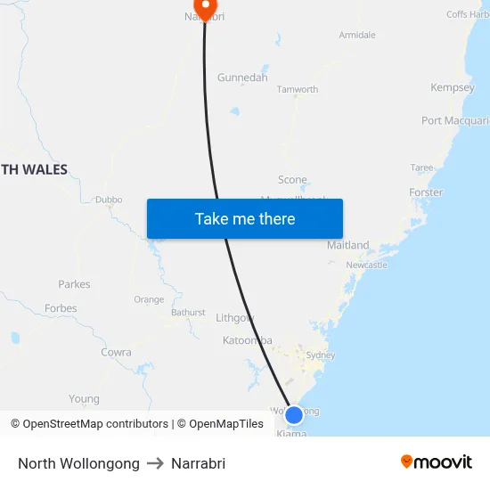 North Wollongong to Narrabri map