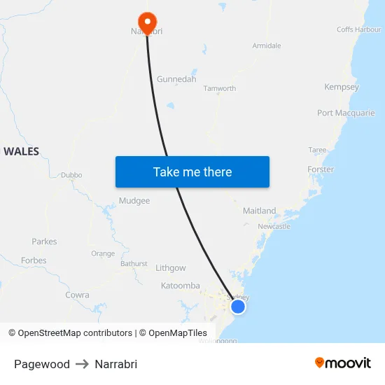 Pagewood to Narrabri map