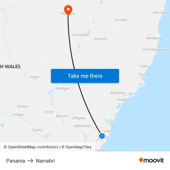 Panania to Narrabri map