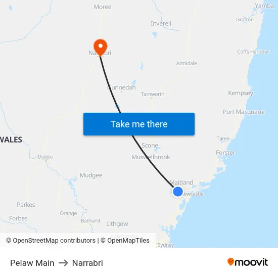 Pelaw Main to Narrabri map