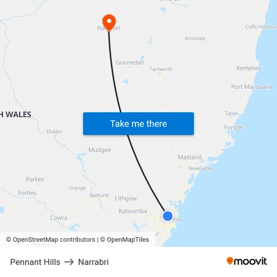 Pennant Hills to Narrabri map