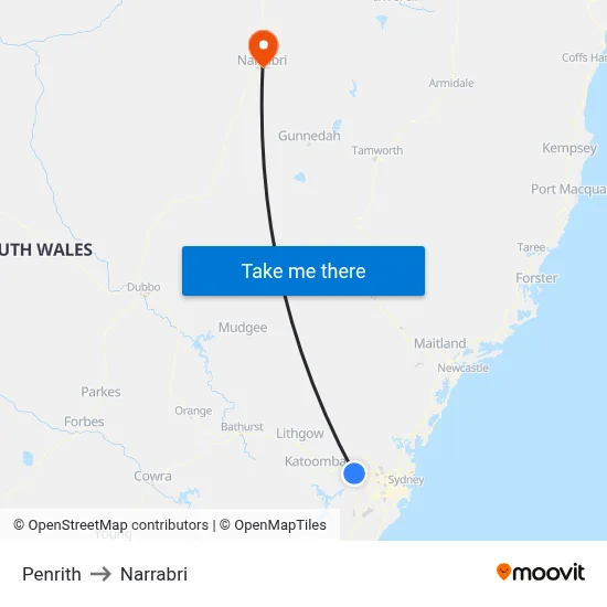 Penrith to Narrabri map