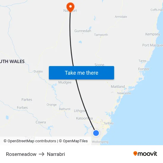 Rosemeadow to Narrabri map
