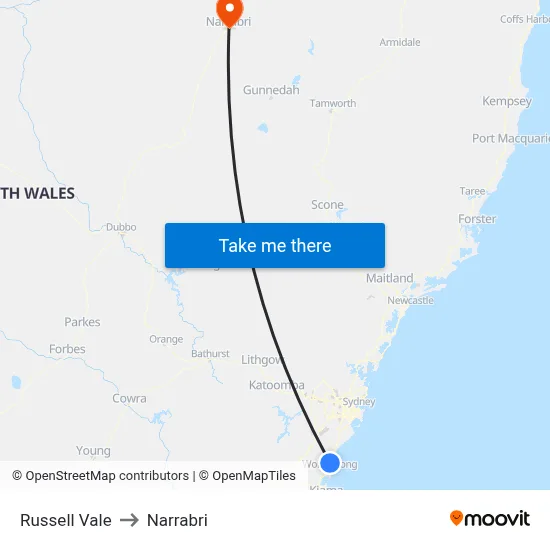 Russell Vale to Narrabri map