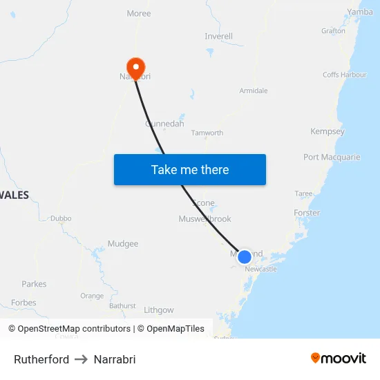 Rutherford to Narrabri map