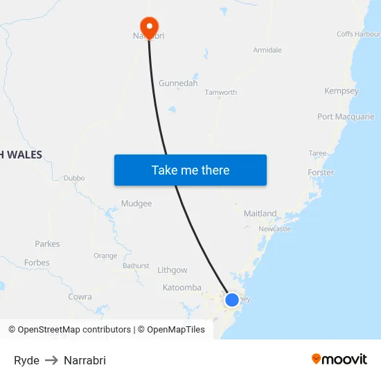 Ryde to Narrabri map