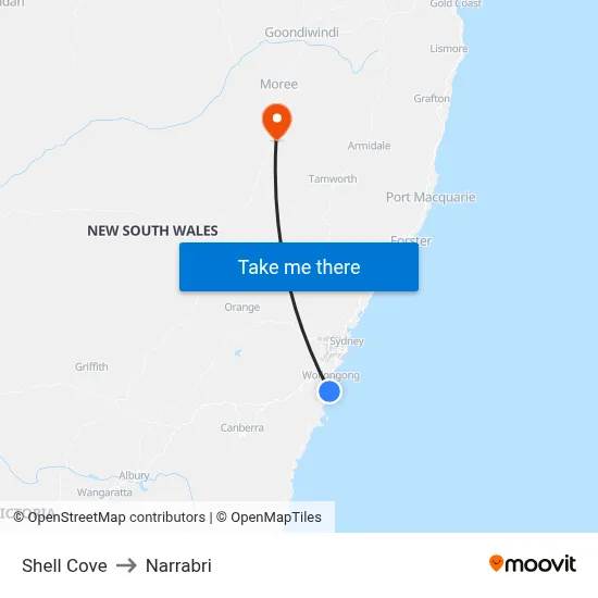 Shell Cove to Narrabri map