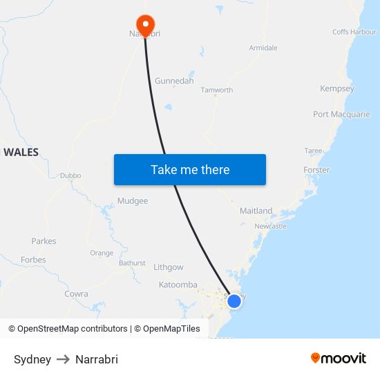 Sydney to Narrabri map
