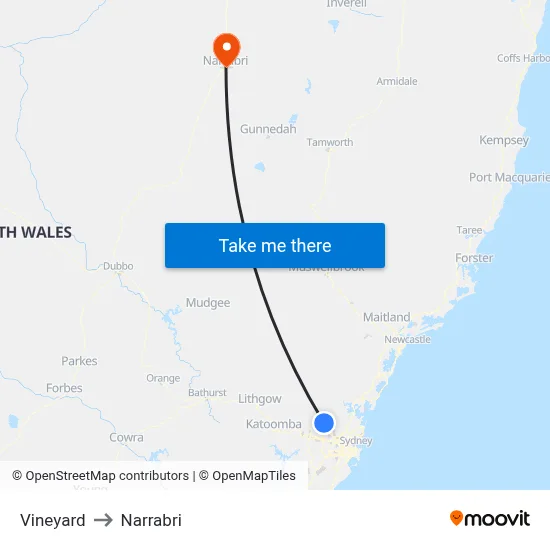 Vineyard to Narrabri map