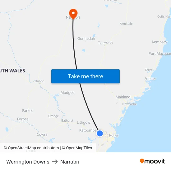 Werrington Downs to Narrabri map