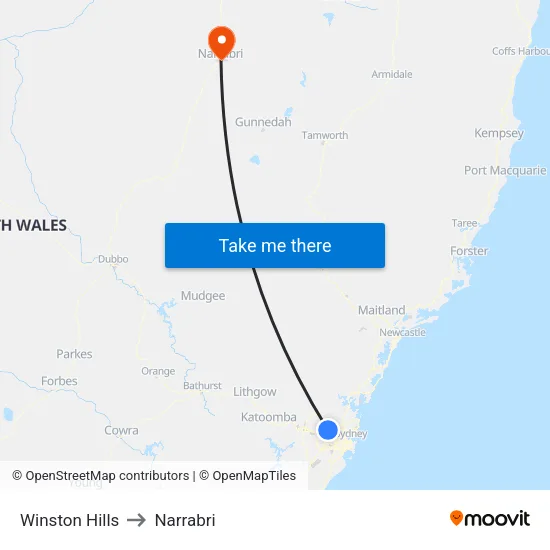 Winston Hills to Narrabri map