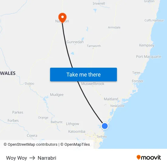 Woy Woy to Narrabri map