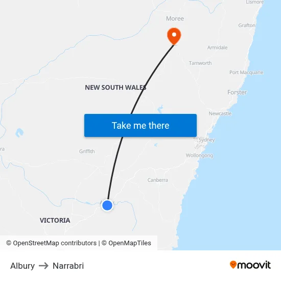 Albury to Narrabri map