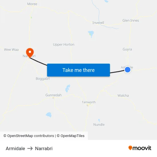 Armidale to Narrabri map