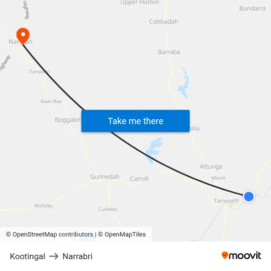 Kootingal to Narrabri map