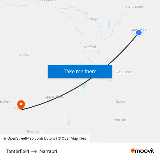 Tenterfield to Narrabri map