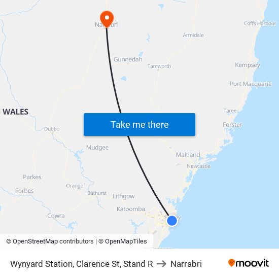 Wynyard Station, Clarence St, Stand R to Narrabri map