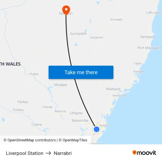Liverpool Station to Narrabri map