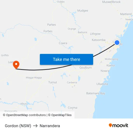 Gordon (NSW) to Narrandera map