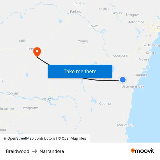 Braidwood to Narrandera map