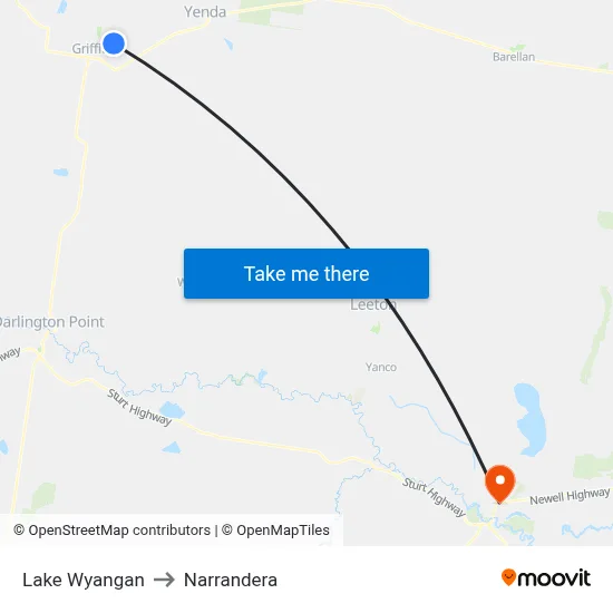 Lake Wyangan to Narrandera map
